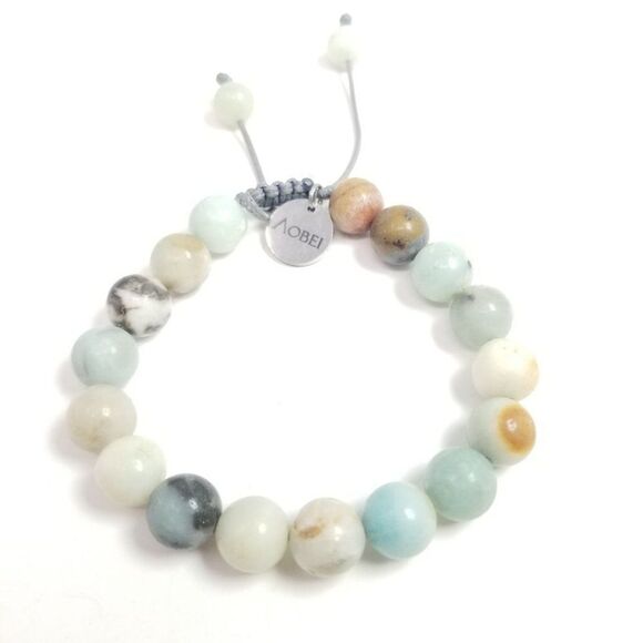 Pastel Stone Bead Bracelet, Soft Blues Creams Adjustable Drawstring Size - Picture 1 of 4